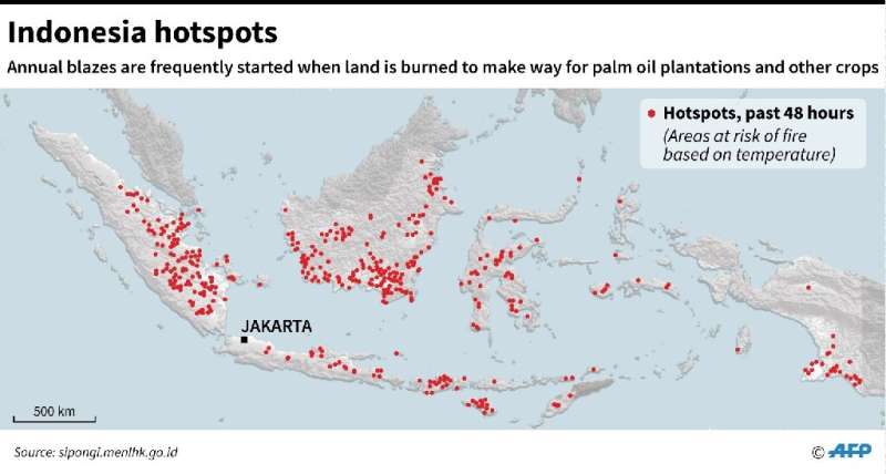 Map showing Indonesia where areas at risks of fires has soared as hotspots showed Tuesday