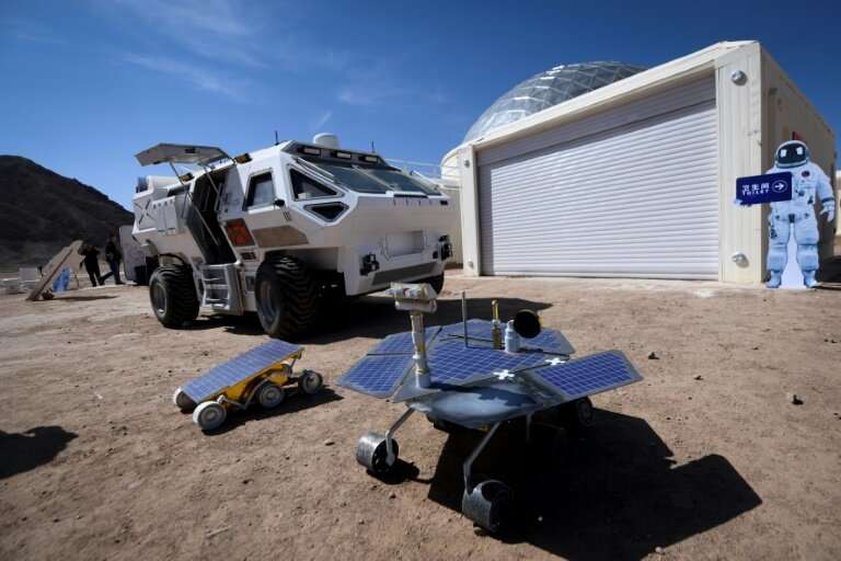 Models of Mars rovers are seen at &quot;Mars Base 1&quot;, in China's northwest Gansu province