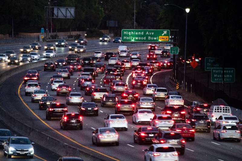 Motor vehicles drive on the 101 freeway in Los Angeles, California on September 17, 2019