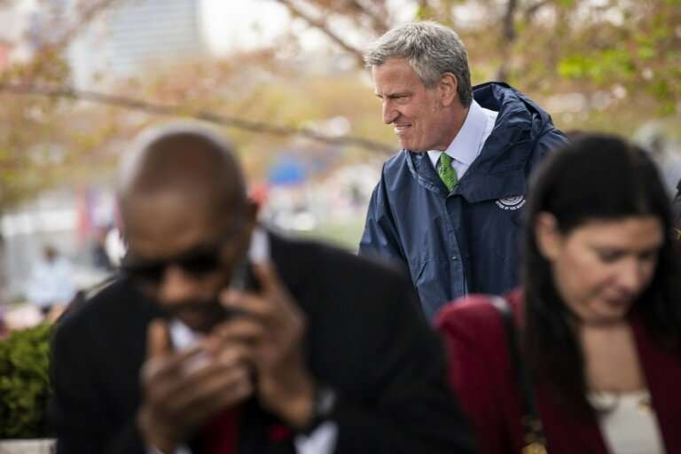 New York Mayor Bill de Blasio arrives at a press conference about the city's strategy to respond to climate change on April 22, 