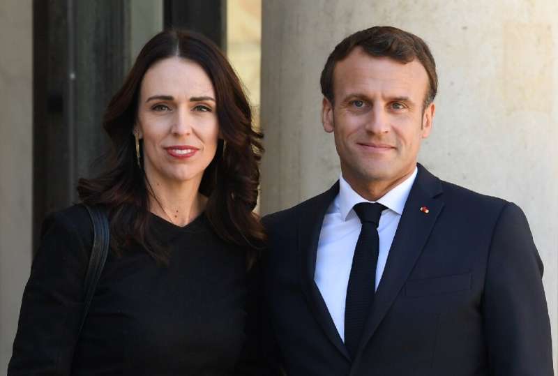 New Zealand's Prime Minister Jacinda Ardern, left, was welcomed by French President Emmanuel Macron at the Elysee Palace in Pari