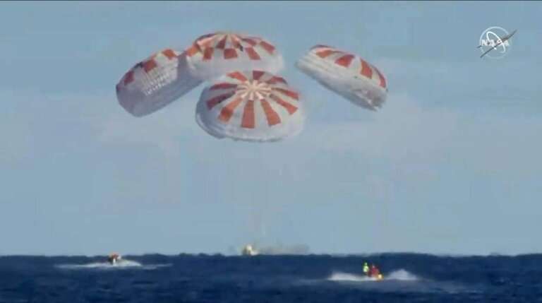 Parachutes opened as the SpaceX Dragon capsule splashed down in the Atlantic Ocean on March 8, 2019