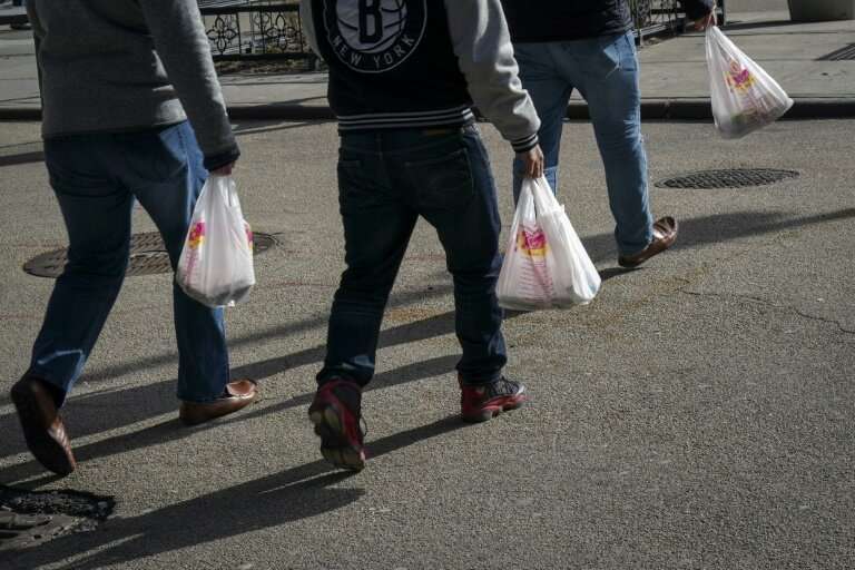 People in New York are seen carrying single-use plastic bags, which would be banned under a new law