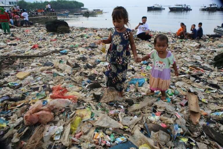 Plastic garbage at Lampung Bay, on the southern tip of the Indonesian island of Sumatra