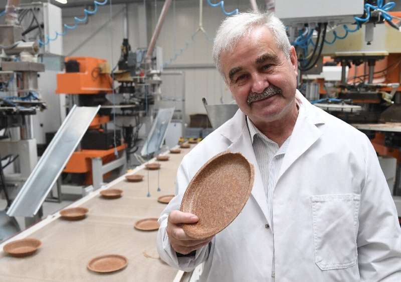 Polish inventor and entrepreneur Jerzy Wysocki holds a wheat bran plate he invented 15 years ago at the Biotrem factory in Zambr