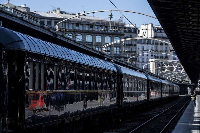 Restored Orient Express carriages on display at the Gare de l'Est train station in Paris