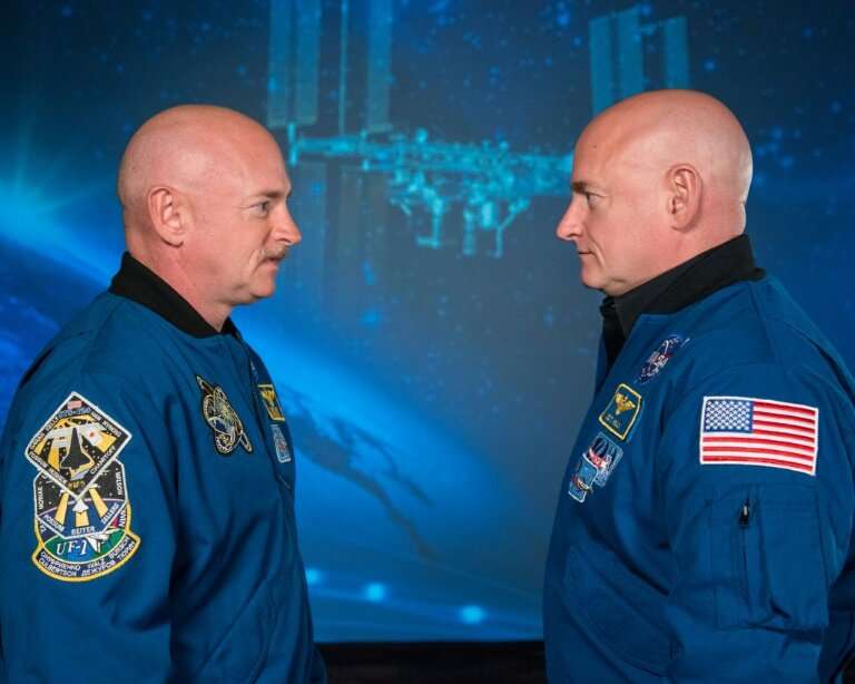 Retired astronaut Scott Kelly, who spent a year on the International Space Station, is pictured on the right, opposite his ident