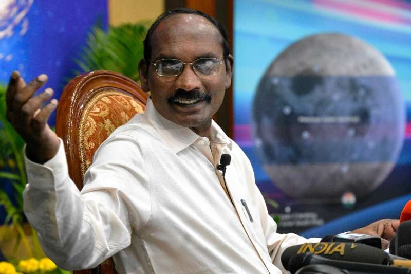 Scientist Kailasavadivoo Sivan gestures during a press conference where he unveiled deails of the country's moon-landing project