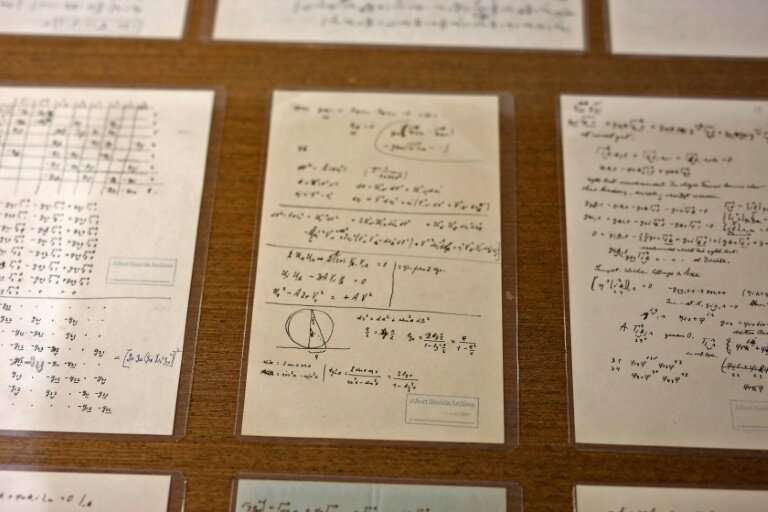 Some of Albert Einstein's manuscript pages on display at the Hebrew University of Jerusalem, in an exhibition to mark 140 years 