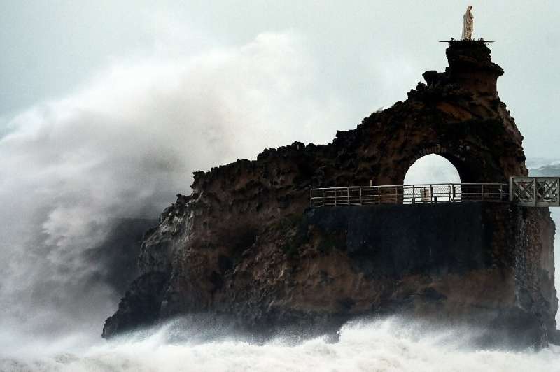 Storm winds blasted southwest France on Sunday, here at the Rocher de La Vierge near Biarritz