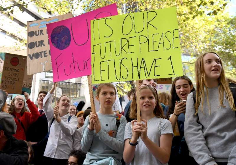 Students hold up placards during an environmental protest in Melbourne on May 3, 2019