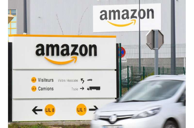 The Amazon logo at one of the e-commerce company's logistics centers in France