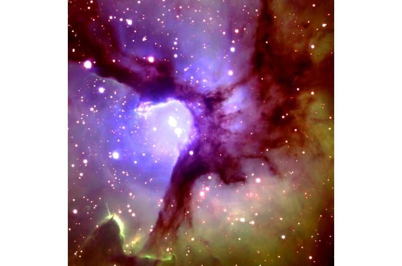 The central region of the Trifid Nebula is shown in this photo taken by the Gemini North 8-meter Telescope on Mauna Kea