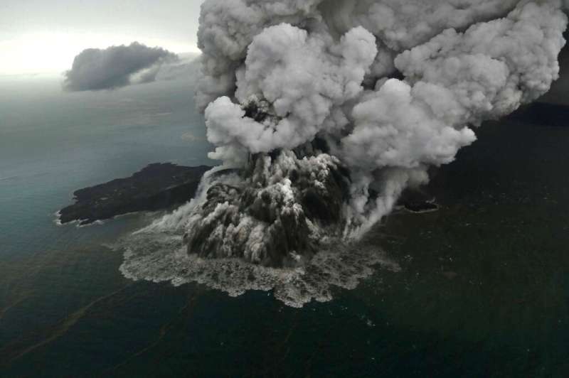 The crater of the Anak Krakatau volcano partly collapsed after its eruption with parts of it sliding into the ocean and triggeri