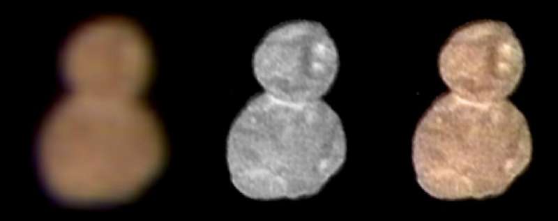 The first color image of Ultima Thule, now officially named Arrokoth, taken at a distance of 85,000 miles (137,000 kilometers) o