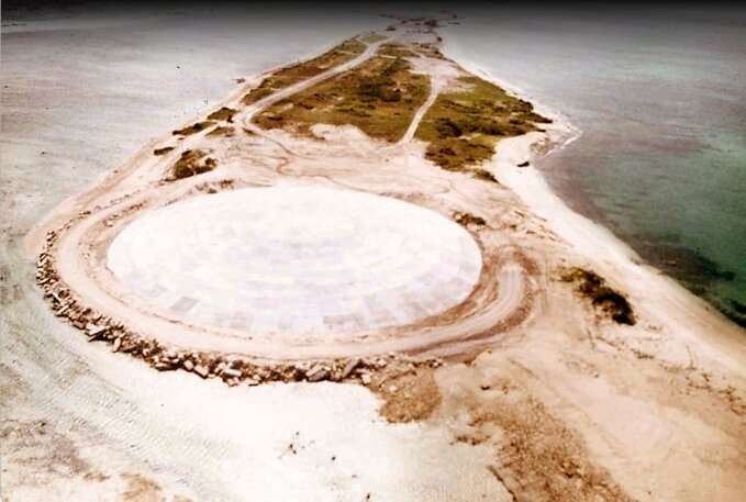The huge dome built over top of a crater left by one of the nuclear nuclear tests over Runit Island in Enewetak in the Marshall 