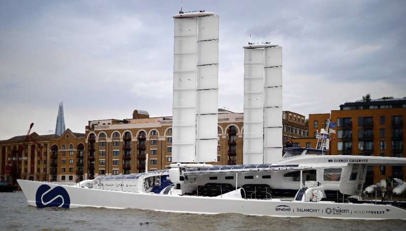 The hydrogen-powered Energy Observer boat, on the Thames river in London on October 3, 2019, uses sails from the French naval de