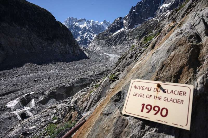 The Mer de Glace glacier in Chamonix, France has receded and is now some way from its position in 1990