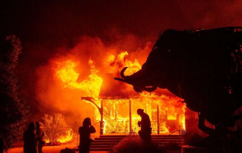 The Soda Rock Winery burns during the Kincade fire as flames race through Healdsburg, California on October 27, 2019