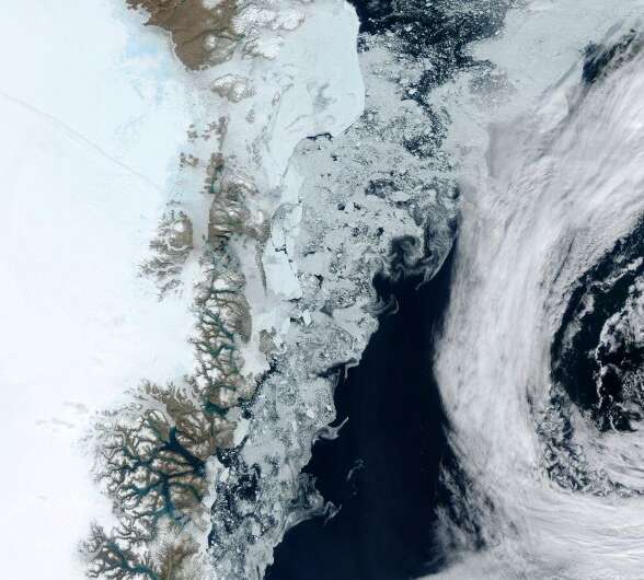 The Zachariae Glacier on Greenland's east coast is seen in a photograph taken by a NASA satellite