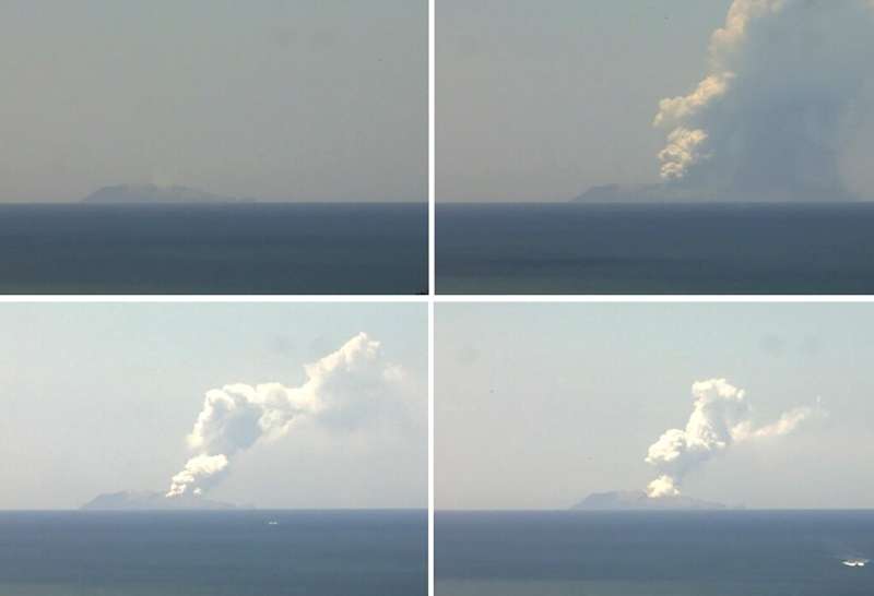 This combination of handout images from a webcam belonging to the Institute of Geological and Nuclear Sciences shows the volcano