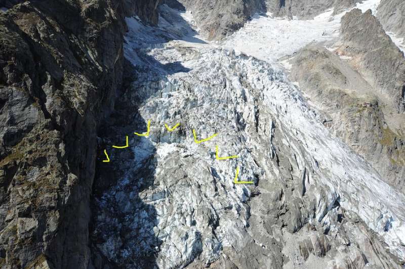 This photo provided by the Courmayeur authorities shows the section of the Planpincieux glacier that has broken away