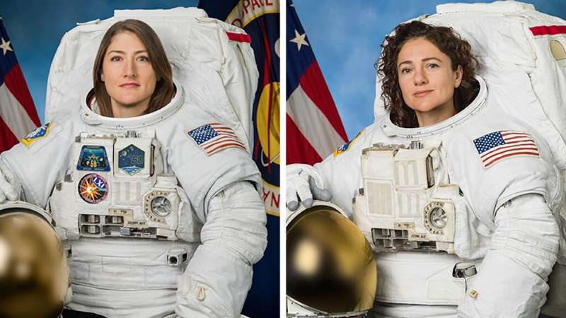 This undated combination photo obtained from NASA shows astronauts Christina Koch (L) and Jessica Meir