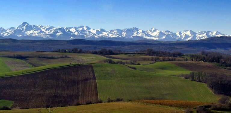View of snow covered peaks in the Areige region of the Pyrenees Mountains that separate France and Spain, the region where scien