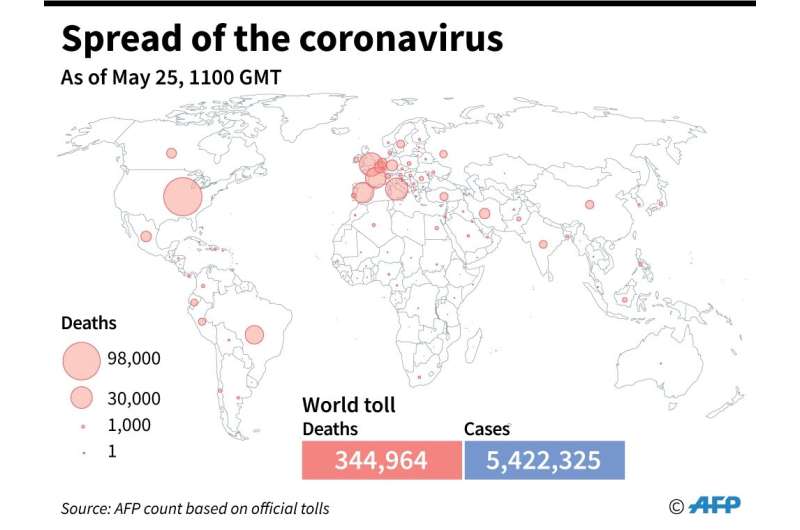 A world map showing official number of coronavirus deaths per country, as of May 25 at 1100 GMT
