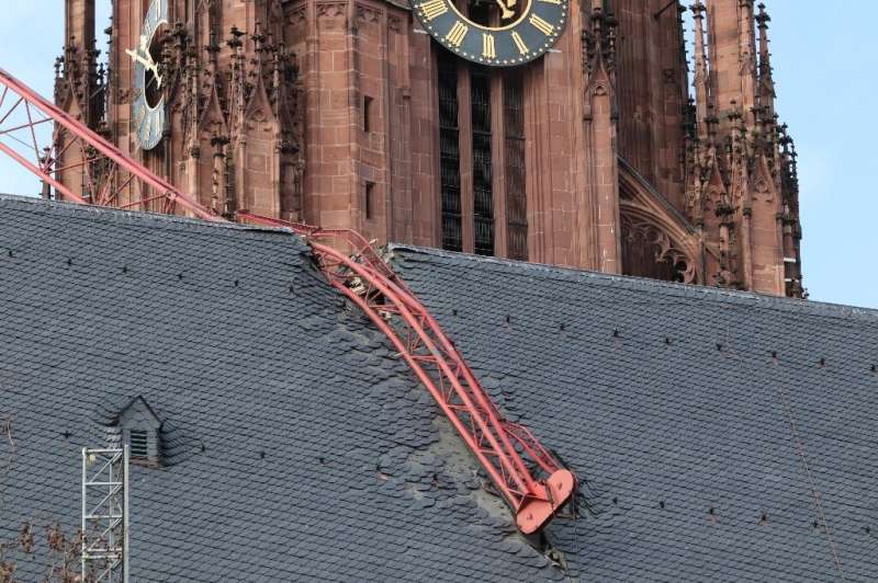 The storm brought down a crane on to the roof of Frankfurt cathedral in Germany
