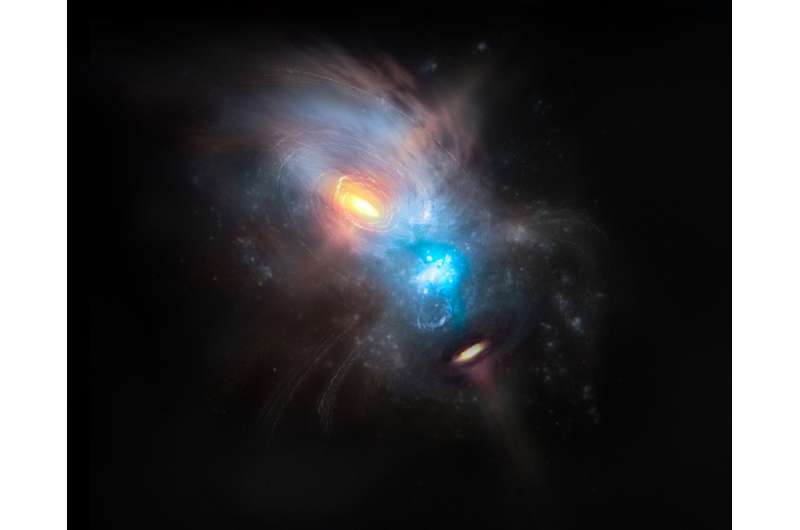 The turbulent life of two supermassive black holes caught in a galaxy crash