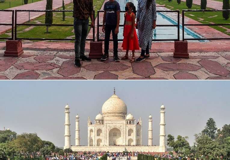 This combination photo  shows tourists visiting the Taj Mahal on September 21, 2020 (top) and (bottom) a large crowd of tourists