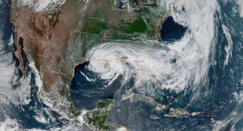 This satellite image obtained from NOAA/RAMMB, shows Tropical Storm Cristobal just south of New Orleans at 19:50 UTC on June 7, 