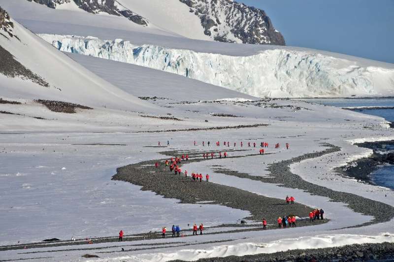 Tourists visit Yankee Bay in the South Shetlands, Antarctica in November 2019
