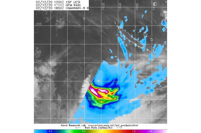 NASA finds heavy rain southwest of tropical cyclone Uesi's center