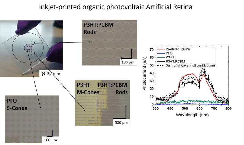 Development of a colour-sensitive inkjet-printed pixelated artificial retina model studied via an optoelectronic device