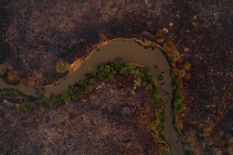 An aerial view showing a burnt area of the Pantanal, the world's largest tropical wetland, in Mato Grosso State, Brazil