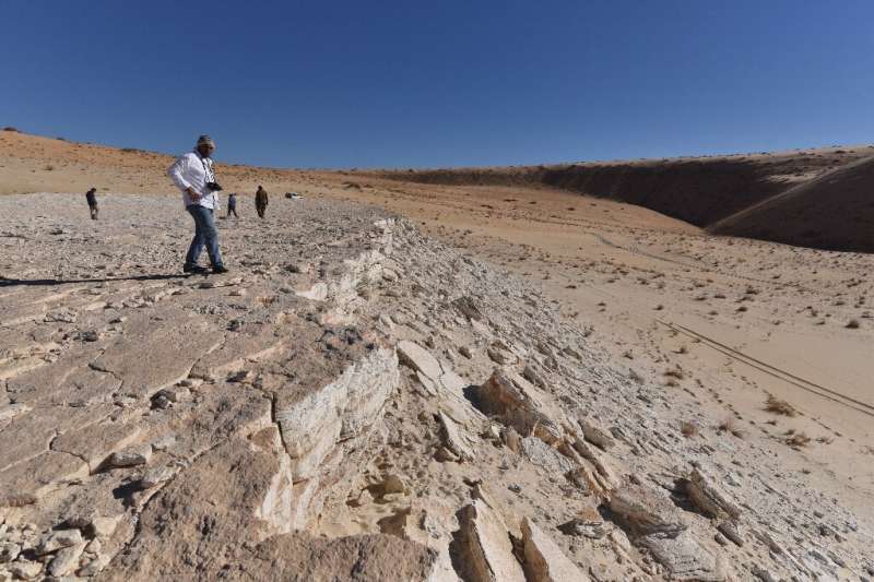 This handout photo shows a view of the edge of the Alathar ancient lake deposit and surrounding landscape