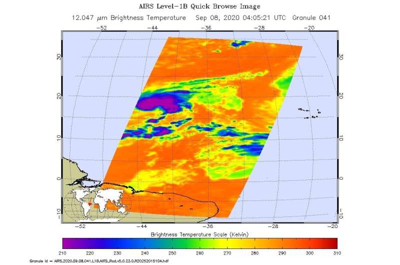 NASA infrared imagery shows wind shear affecting Tropical Storm Paulette