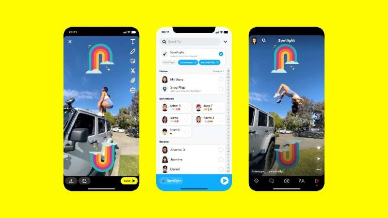 This handout picture  shows Snapchat's latest feature called &quot;Spotlight,&quot; a new curated short-form video feed in a ste