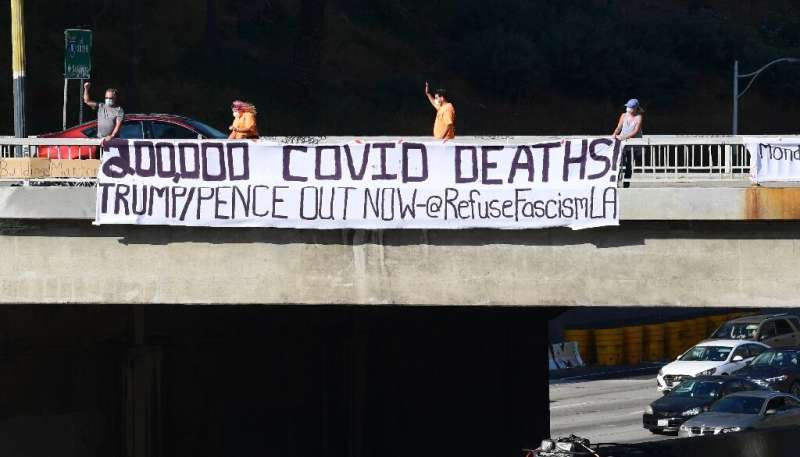 Activists unfurl a banner reading &quot;200,000 Covid Deaths! Trump/Pence Out Now&quot; over a freeway in  Los Angeles