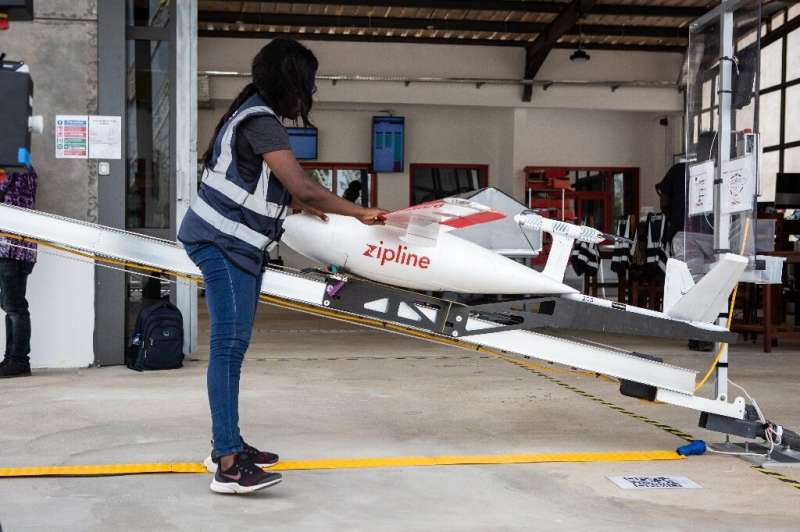 A drone operated by California startup Zipline preapres for delivery of medical supplies in Ghana in 2019. The company sees an o