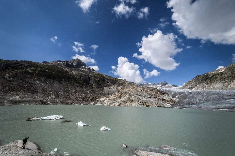 A glacial lake at the end of the Rhone Glacier, near Gletsch on August 3, 2018