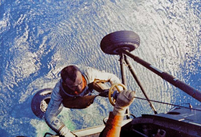 Alan Shepard, first US astronaut to travel to space, being collected by helicopter after his landing in the Atlantic Ocean on Ma