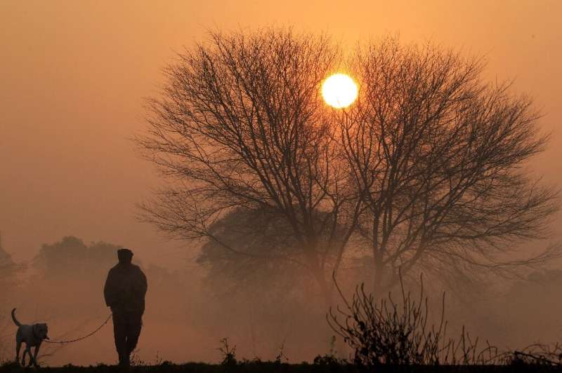 A man and his dog are silhouetted against the rising sun amid dense fog on a cold winter morning on the outskirts of Chandigarh 