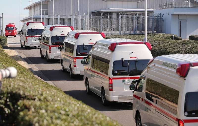 Ambulances arrive at Haneda airport in Tokyo to meet a second charter flight carrying Japanese citizens from the Chinese city of