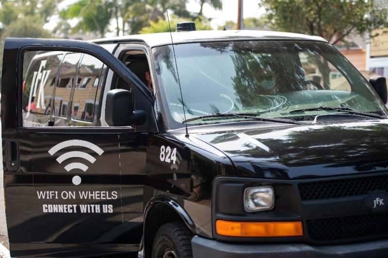 A minivan that brings underserved kids &quot;Wifi on wheels&quot; is pictured in Santa Ana, California
