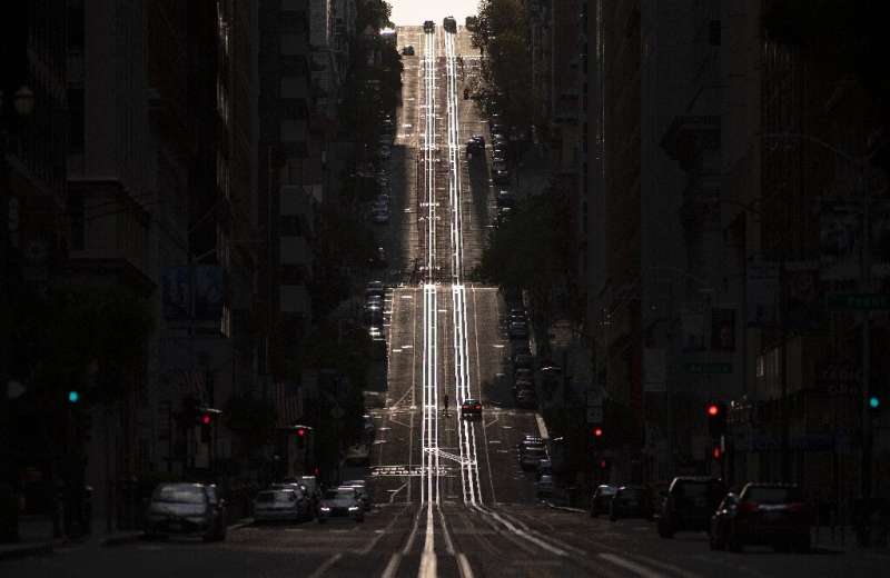A San Francisco street usually filled with cable cars is seen empty on March 18, 2020, when the city was under a shelter-in-plac
