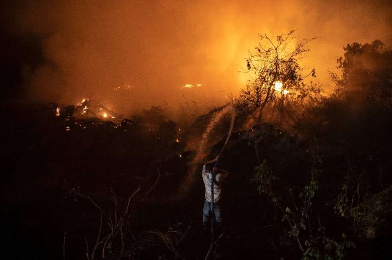 A volunteer throws water to control a fire in the Pantanal, Brazil
