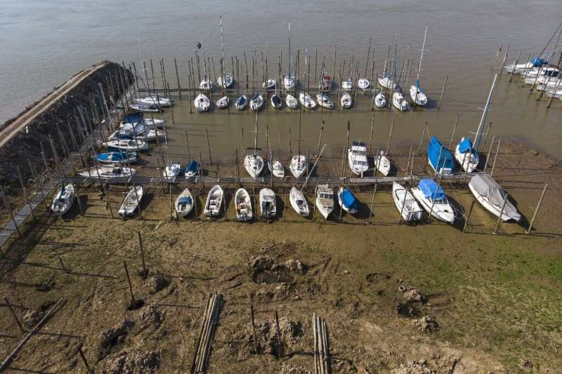 Boats stranded on the banks of the River Parana in Rosario where the level of the river is four to five times lower than usual